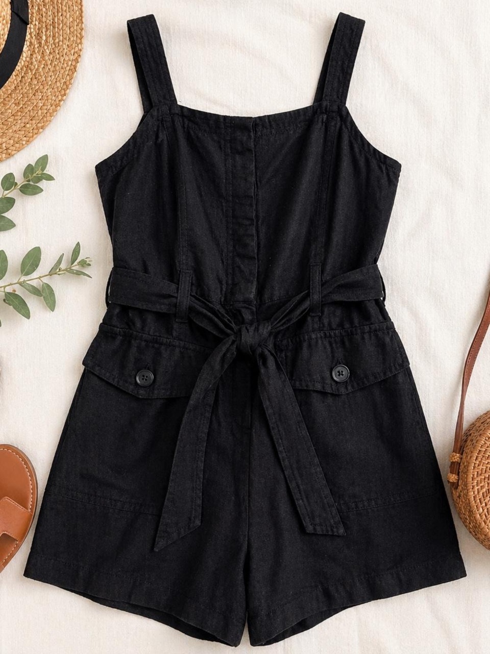 NWT Habitual Black Linen Blend Utility Romper Tie Waist